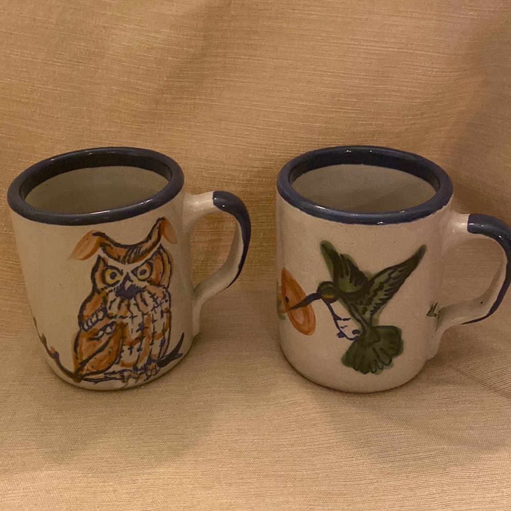 Louisville Stoneware Pottery Co mugs, Owl and Hummingbird. Made in Kentucky, USA